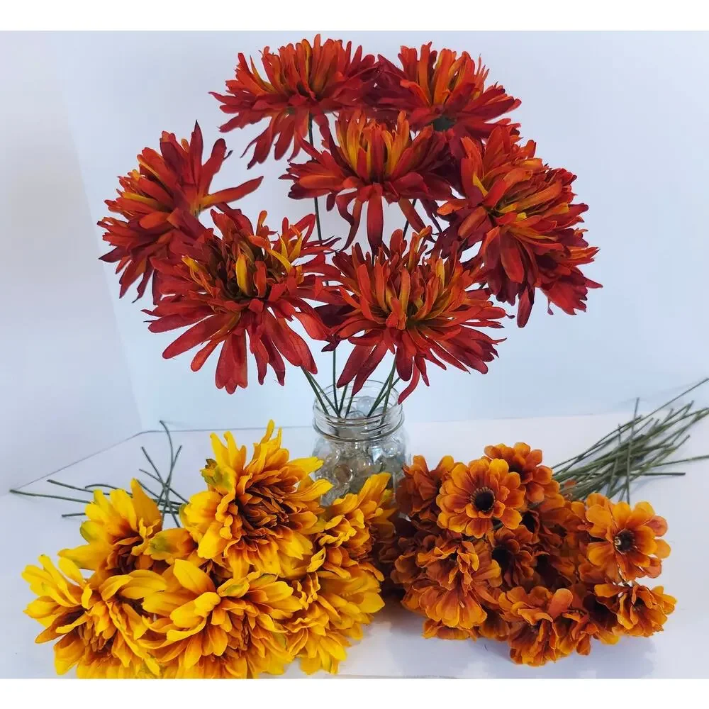 43 Pc Artificial Silk Fall Flower Stems Red Orange Yellow Floral Craft Decor Lot